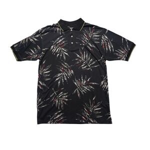 Hibiscus Hawaii Mens L Black Aloha Polo Tropical Foliage Shirt Cotton